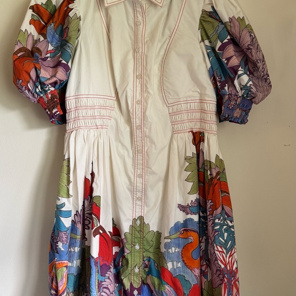 Anthropologie White Midi Dress with Multicolor Botanical Print